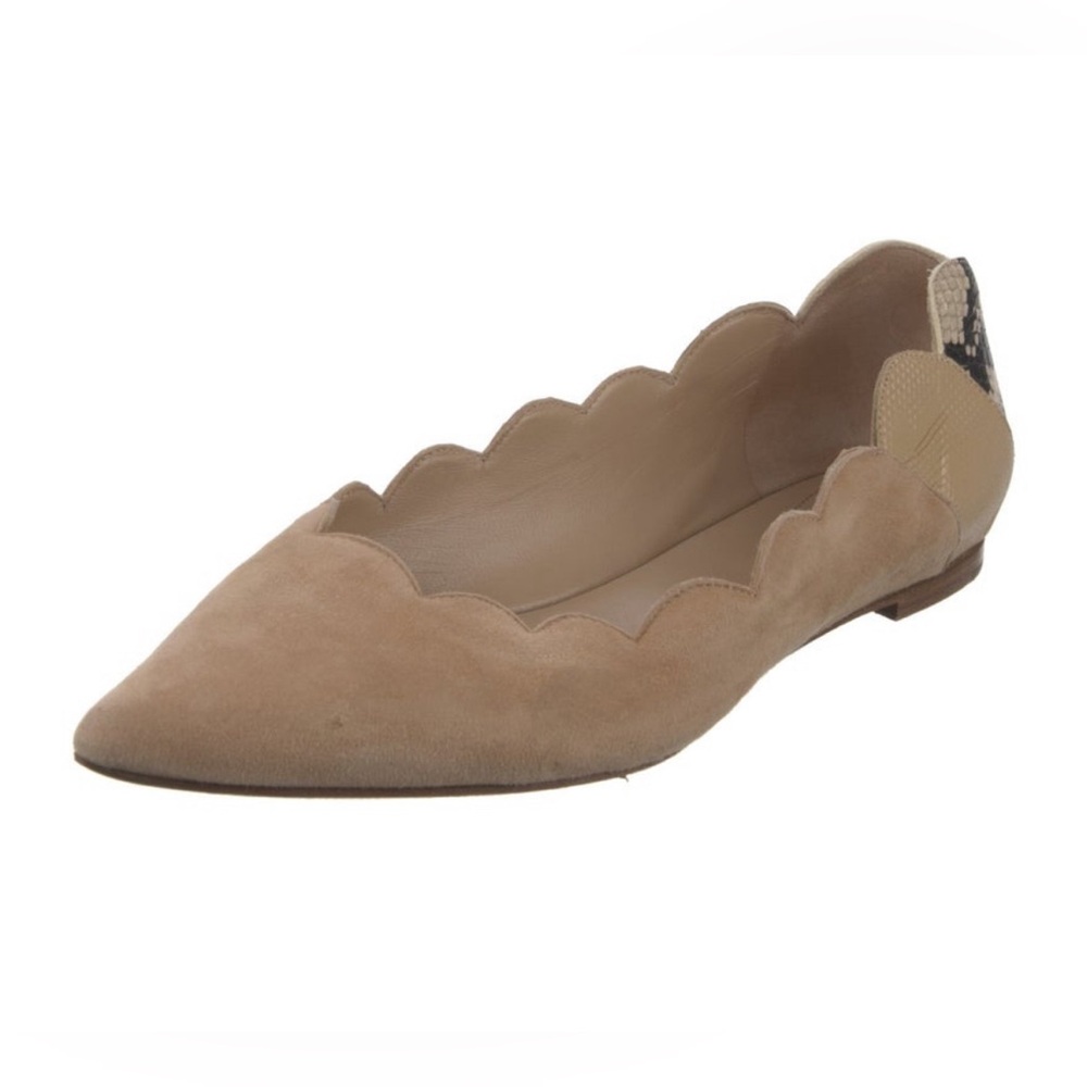 Chloe Lauren suede flat with snakeskin heel detail.